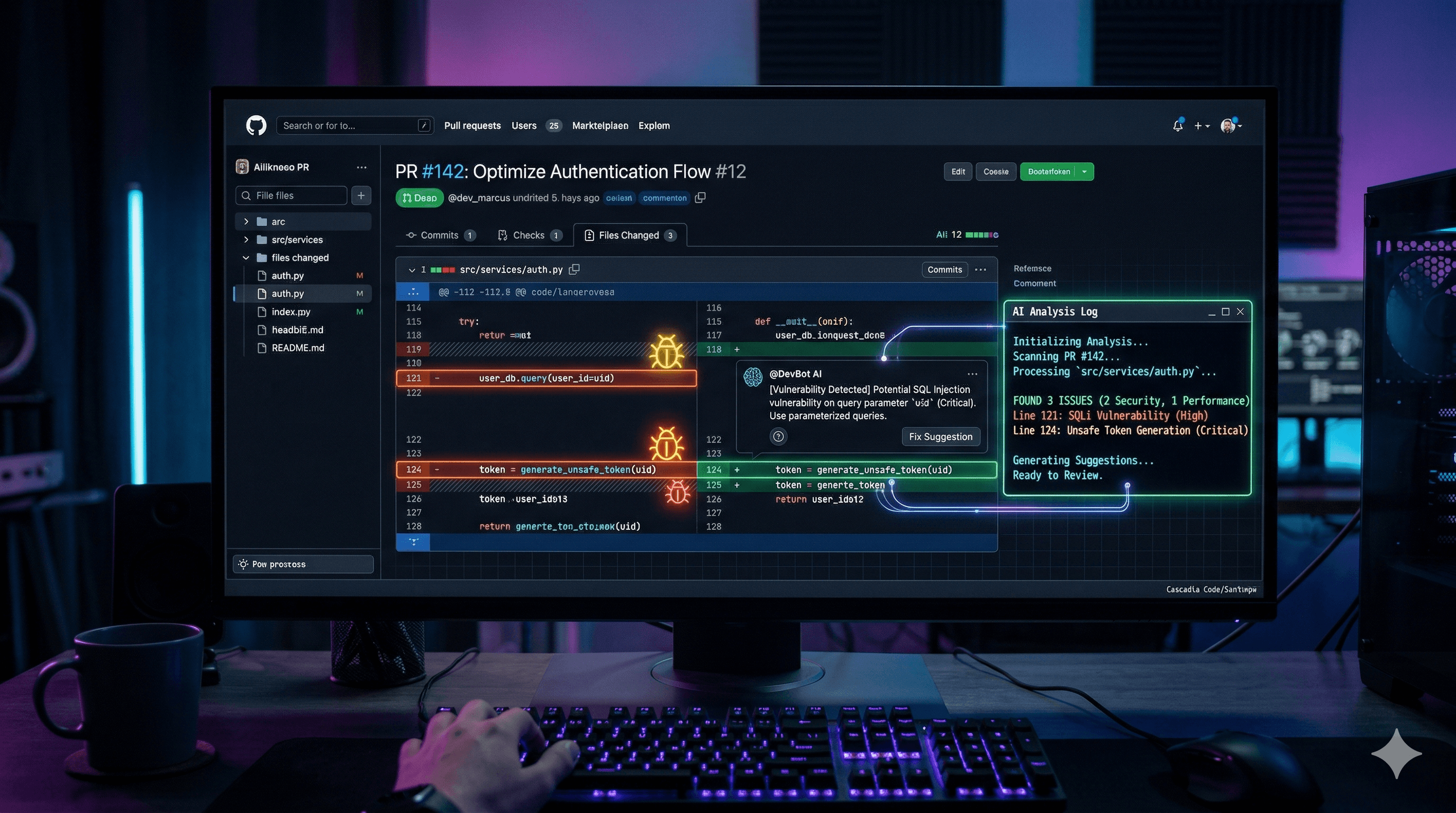 BugBot reviewing a pull request: GitHub diff with AI security findings and inline suggestions